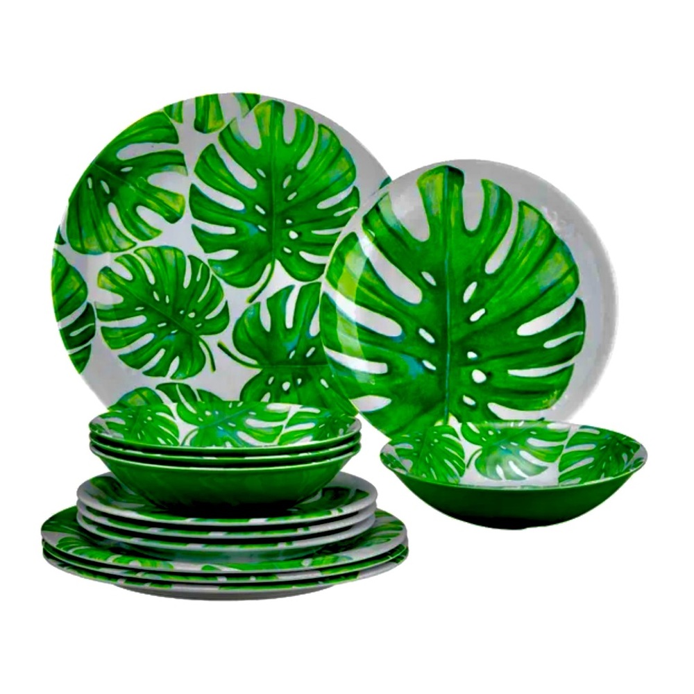Monstera print Melamine Dinnerware - 12 pieces, Serves 4